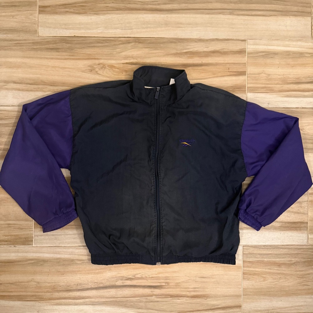 Vintage Reebok Windbreaker Jacket Mens Large Navy Purple Colorblock Full Zip 90s